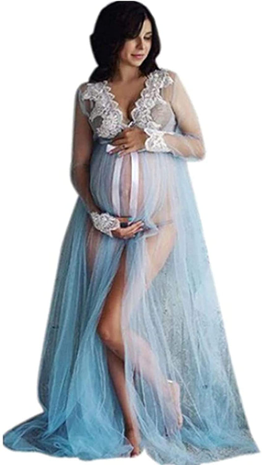 Women's Maternity Dress for Photography Deep V Neck Gown Split Front Lace Long Maxi Dresses