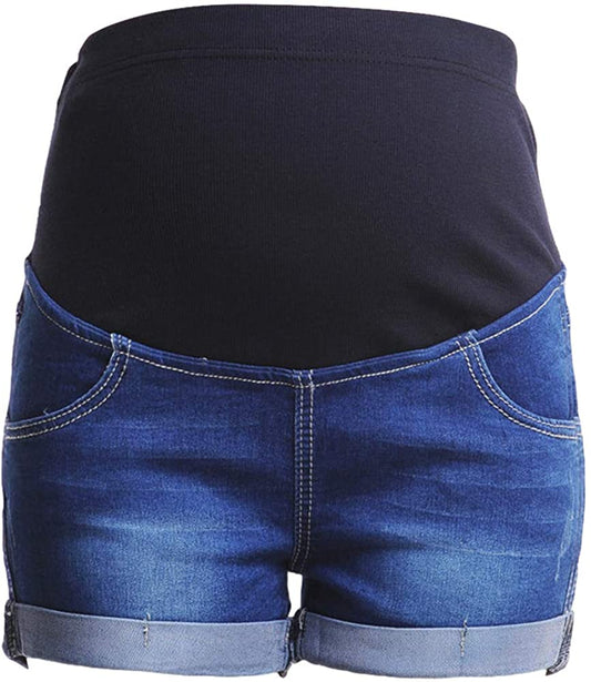 Women Plus Size Maternity Shorts Jean Over The Belly Stretch High Rise Comfy Blue Distressed Pregnancy Shorties Summer