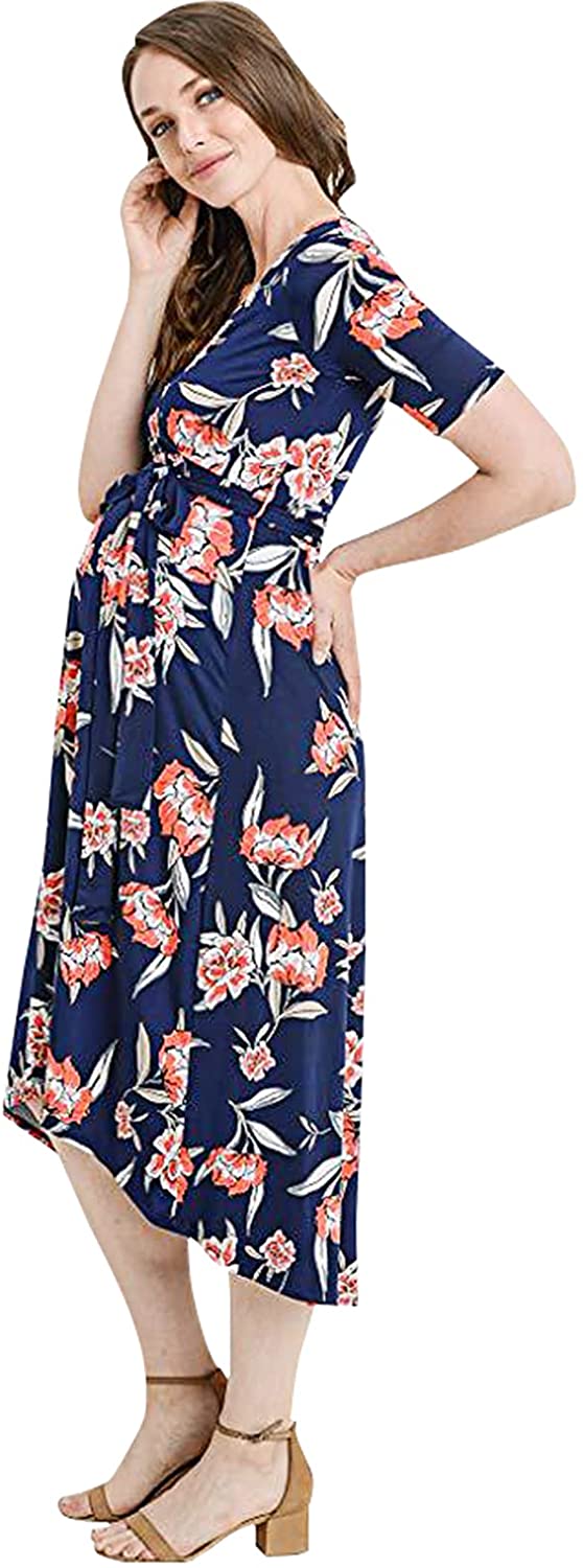 Women's Summer Floral Maxi Dress Waist Tie V Neck Irregular Hem Short Sleeve Photography Casual Maternity Dresses