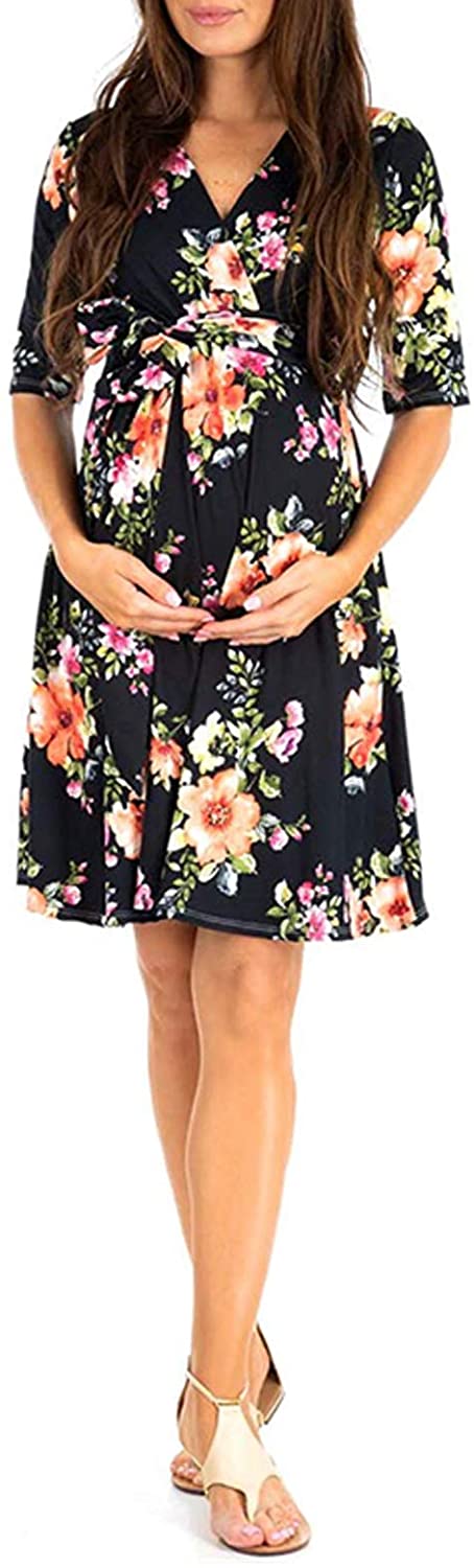 Women's Floral Maternity Wrap Dress Short Length V Neck with Waist Belt