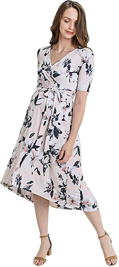 Women's Summer Floral Maxi Dress Waist Tie V Neck Irregular Hem Short Sleeve Photography Casual Maternity Dresses