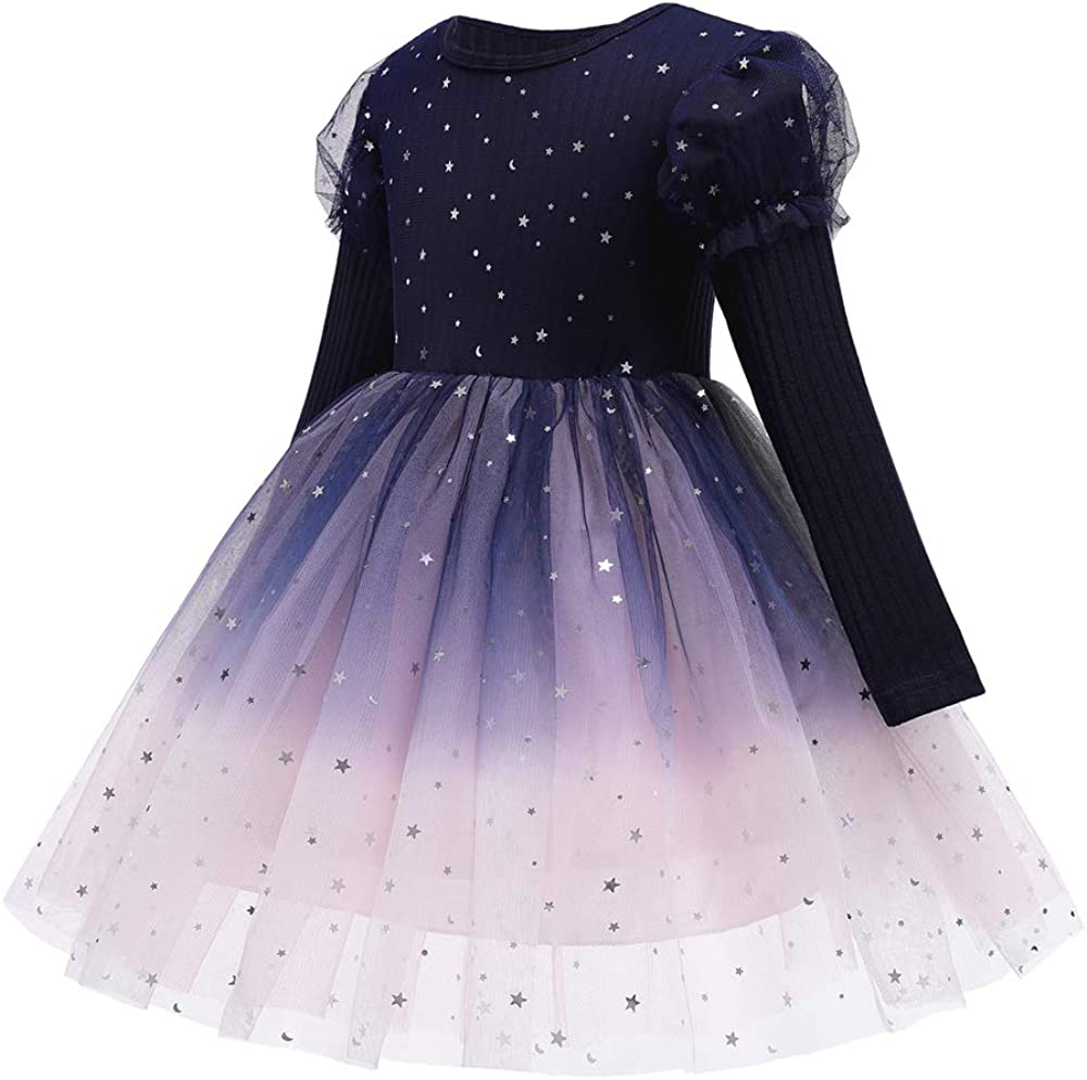 Toddler Girls Rainbow Pageant Dresses Long Sleeve  Sparkly Tutu Princess Gown for Birthday Christmas Wedding Party 2-10Years
