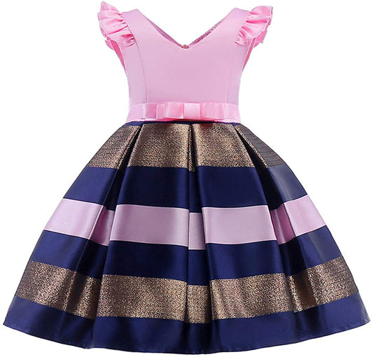 Kids Princess Dresses Strip with Puff Sleeve Ruffles Elegant Girls Gown for Birthday Party Toddle 2-10Years