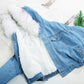 Seindeal Solid Pockets Fur Collar Long Sleeve Jacket Maternity Denim Coat