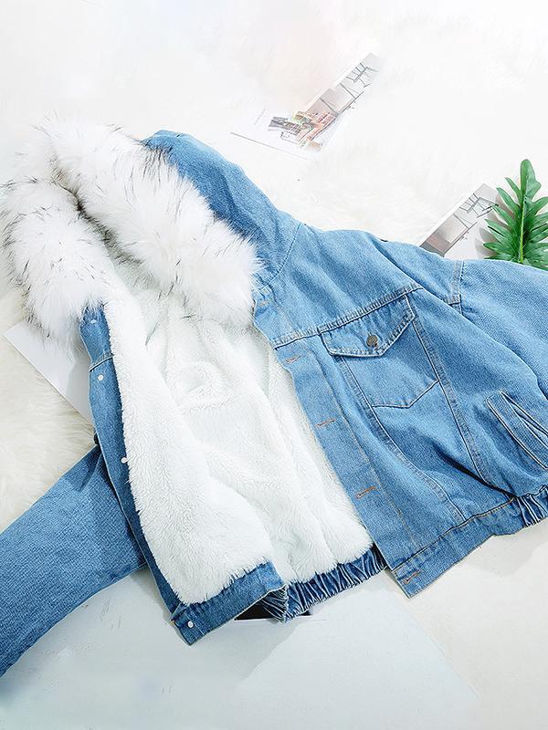 Seindeal Solid Pockets Fur Collar Long Sleeve Jacket Maternity Denim Coat