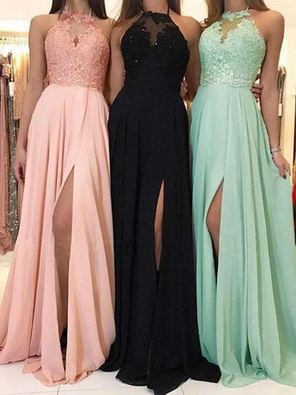 Lace Side Slit Halter Round Neck Sleeveless Women Beach Dress Lace Dress Evening Dress Maxi Dresses