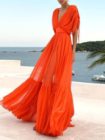 Mesh Draped V Neck Short Sleeve Women Maxi Dresses Evening Dress Tulle Dress