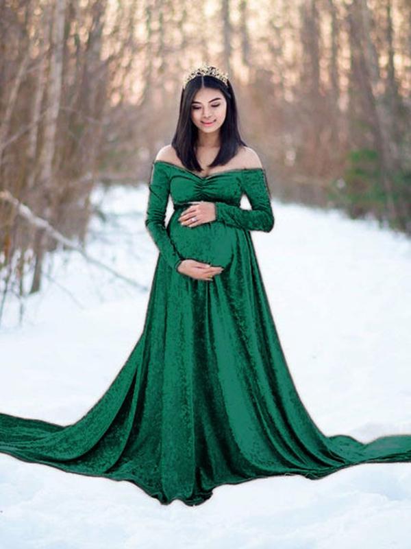 Off Shoulder Velvet  Long Sleeve Baby Shower Maternity Maxi Dress