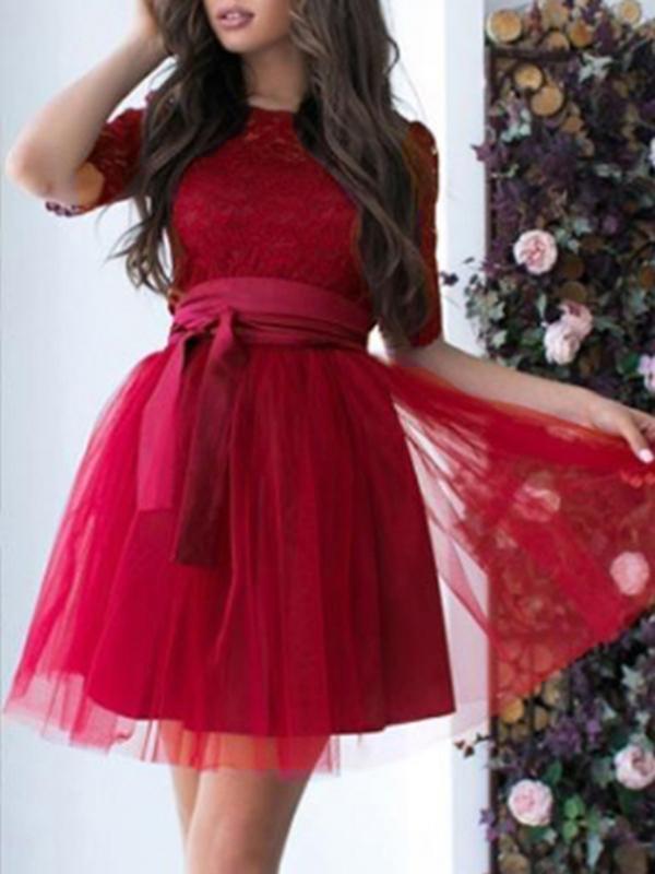 Seindeal Ball Gown Party DressSolid Color Belt Mesh Lace Round Neck Half-Length Women Mini Dresses Elegant Dress Party Dress Tulle Dress