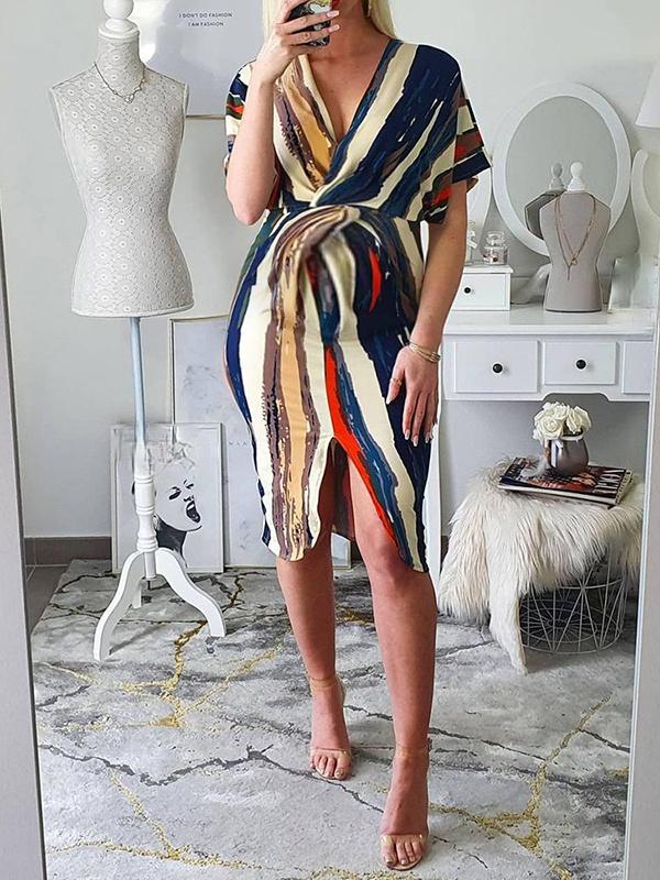 Bodycon Striped Print Vneck Short Sleeve Side Slit Maternity Midi Dress