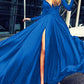 Pleated Side Slit V Neck Long Sleeve Women Maxi Dresses Elegant Dress Evening Dress