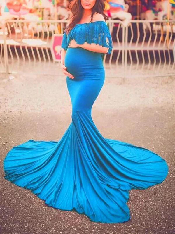 Patchwork Lace Ruffle Off Shoulder Mermaid Bodycon Maternity Dress