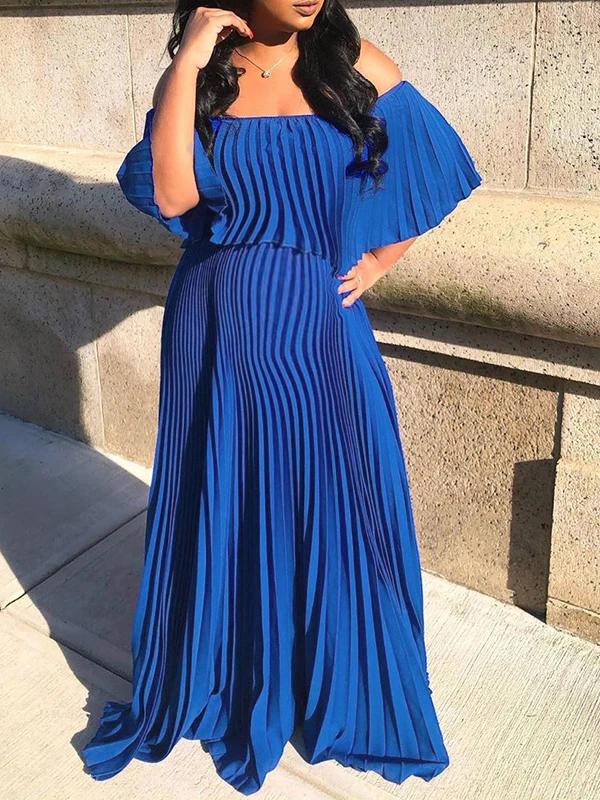 Seindeal Ruffle Off Shoulder Pleated Boat Neck Maternity Maxi Dress