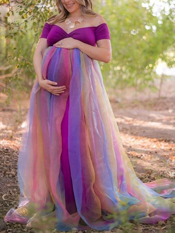 Off Shoulder Rainbow Mesh Baby Shower Maternity Photoshoot Maxi Dress