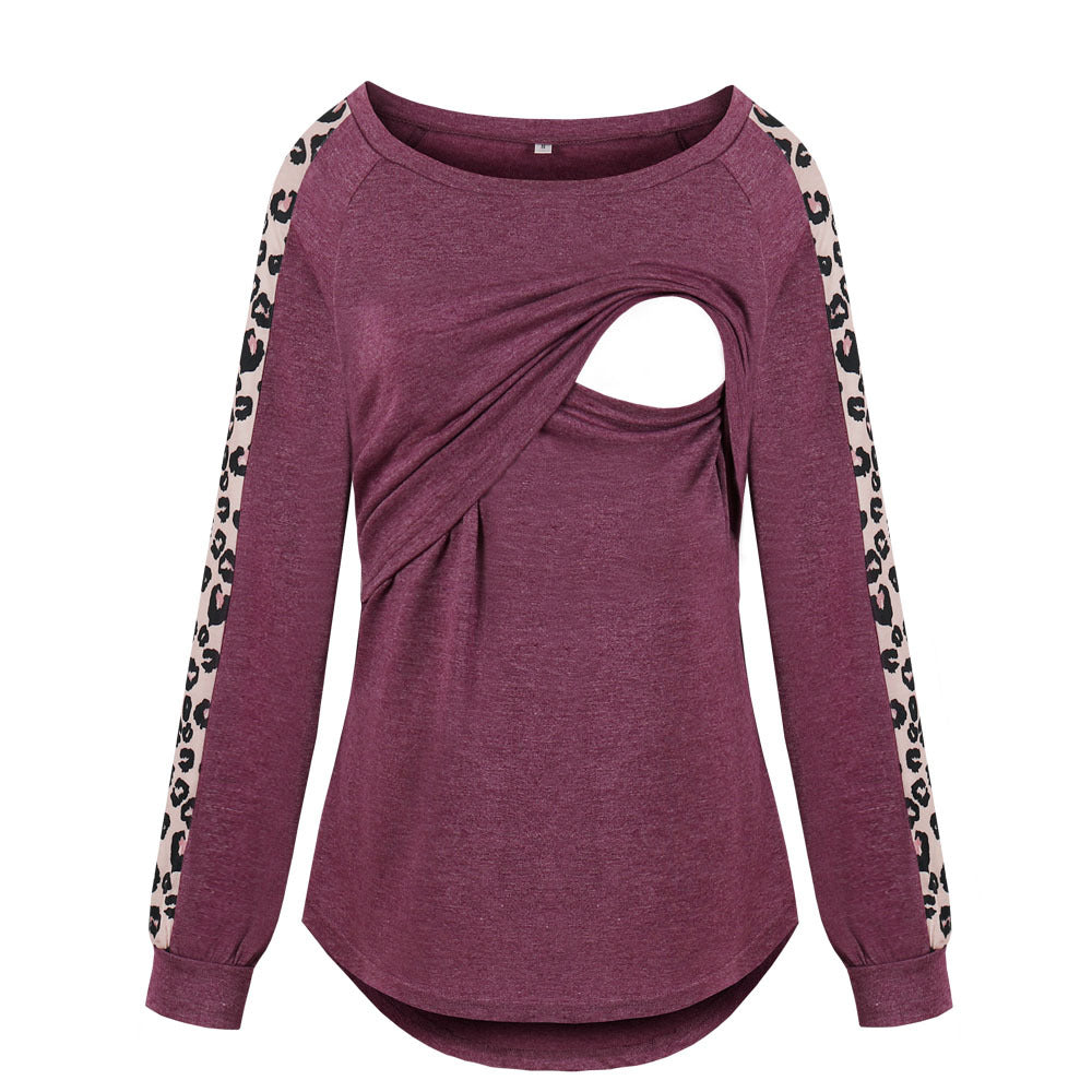 Seindeal Patchwork Leopard Print Nursing Breast-feeding Maternity T-shirt