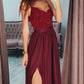 Wine Red Solid Color Side Slit Lace Off Shoulder V-Neck Spaghetti Straps Women Maxi Dresses Party Dress Ball Gown