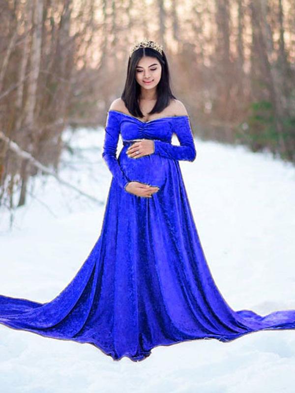 Off Shoulder Velvet  Long Sleeve Baby Shower Maternity Maxi Dress