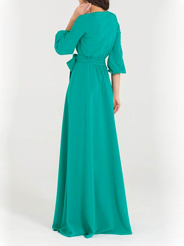 Green Solid Color Pleated Belt Round Neck 3/4 Sleeves Women Maxi Dresses Elegant Dress Party Dress