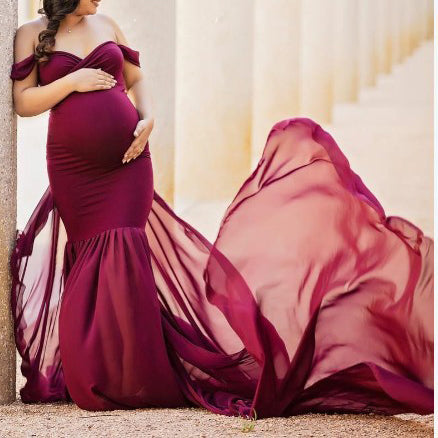 Seindeal Flowy Chiffon Draped Off-shoulder Baby Shower Red Maternity Dresses for Photoshoot