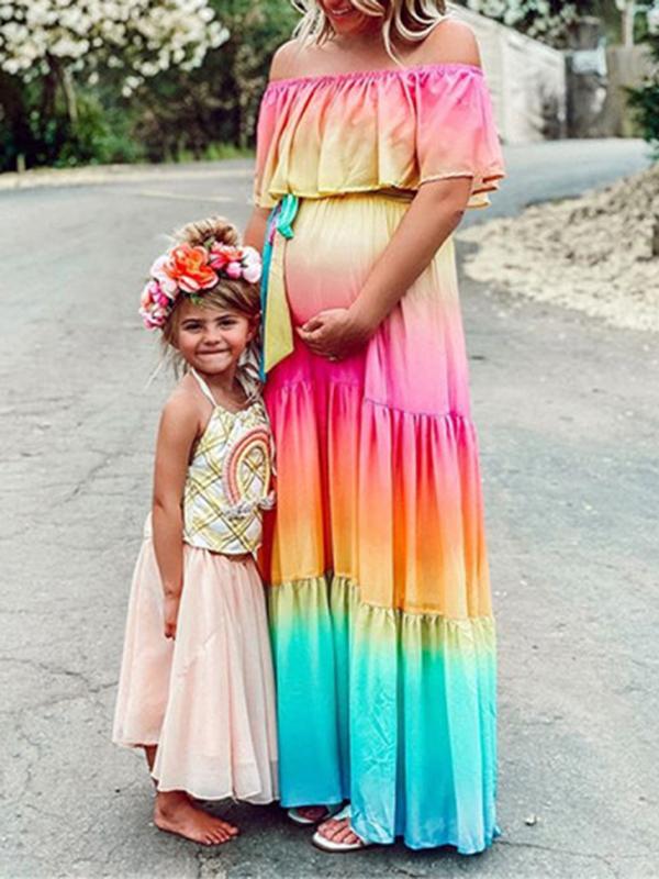 Seindeal Plus Size Rainbow Maxi Maternity Dress Belt Photoshot Off Shoulder Short Sleeve