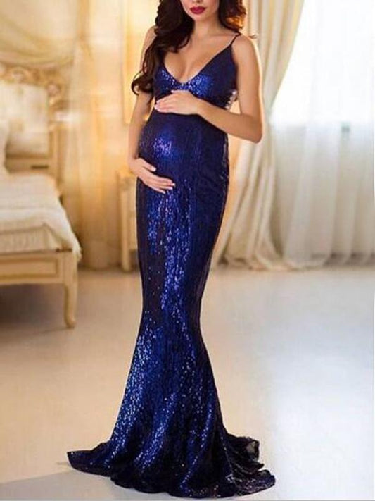 Seindeal Sequin Spaghetti Strap Bodycon Mermaid Maternity Photoshoot Dress Maxi Halloween