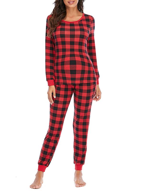 Buffalo Plaid Round Neck Long Sleeve Maternity Long Pajama Set