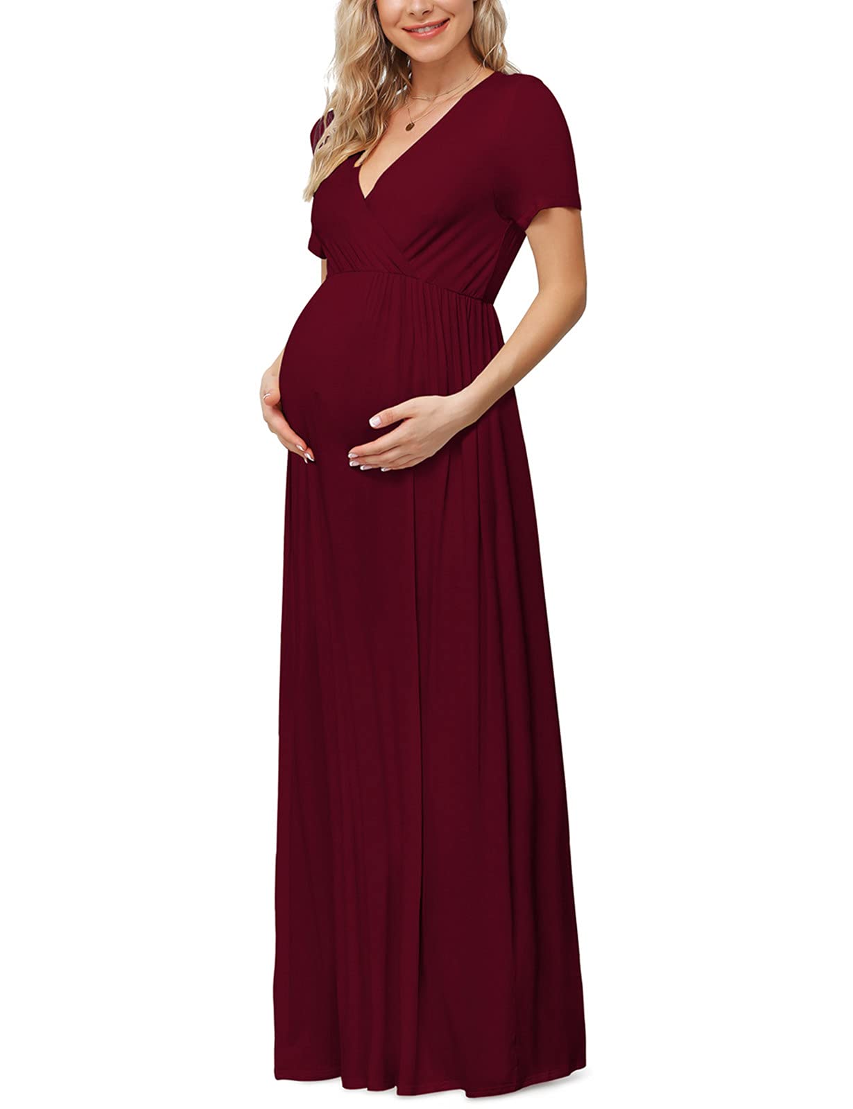 Seindeal Draped V-neck Short Sleeve Elegant Maxi Maternity Dress