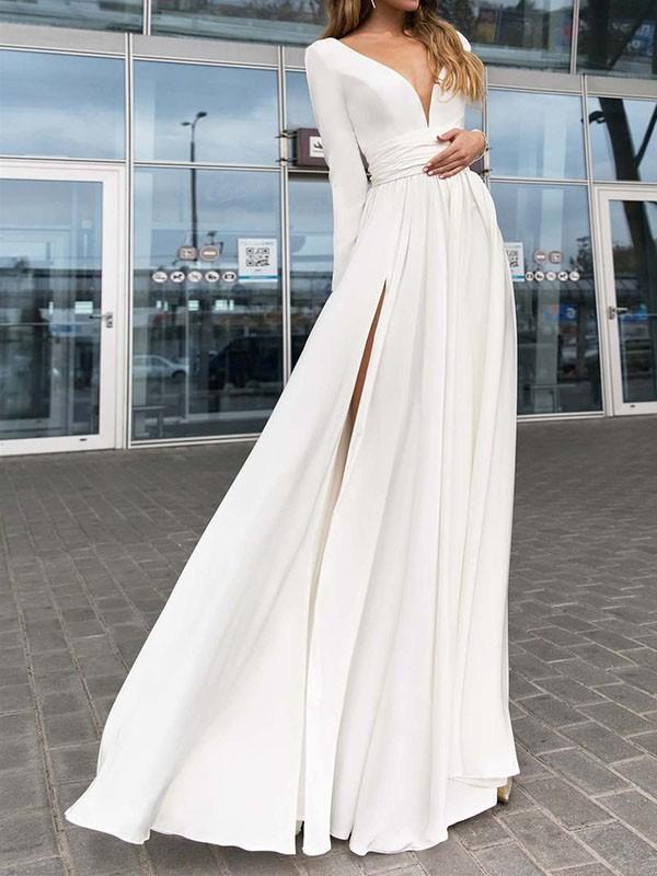 Seindeal White Draped Slit Backless Deep V-Neck Long Sleeve Party Women Elegant Maxi Dress Evening Dress