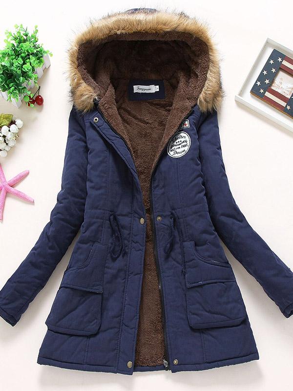 Fur Hooded Badge Pockets Long Sleeve Maternity Fluffy Coat