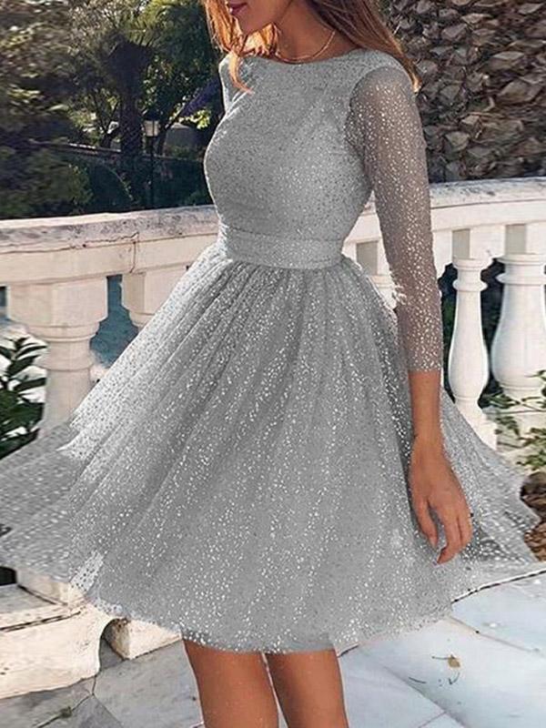 Seindeal Glitter Mesh Pleated Backless Round Neck Long Sleeve Midi Dress Cocktail Dress Ball Gown Women Fashion