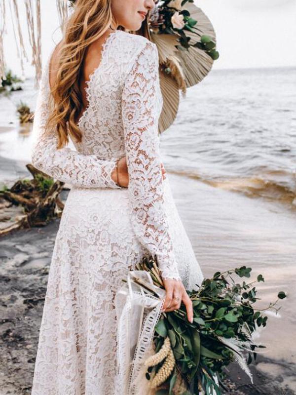 White Lace Backless V Neck Long Sleeve Women Maxi Dresses Wedding Dress Evening Dress Lace Dress