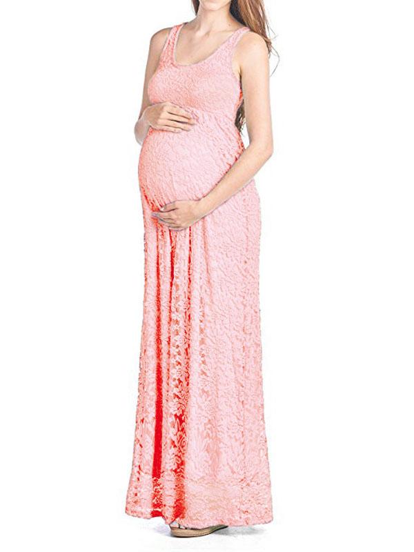 Seindeal White Lace Maternity Dress for Photoshoot Pleated Sleeveless Maxi Bridesmaid Dress