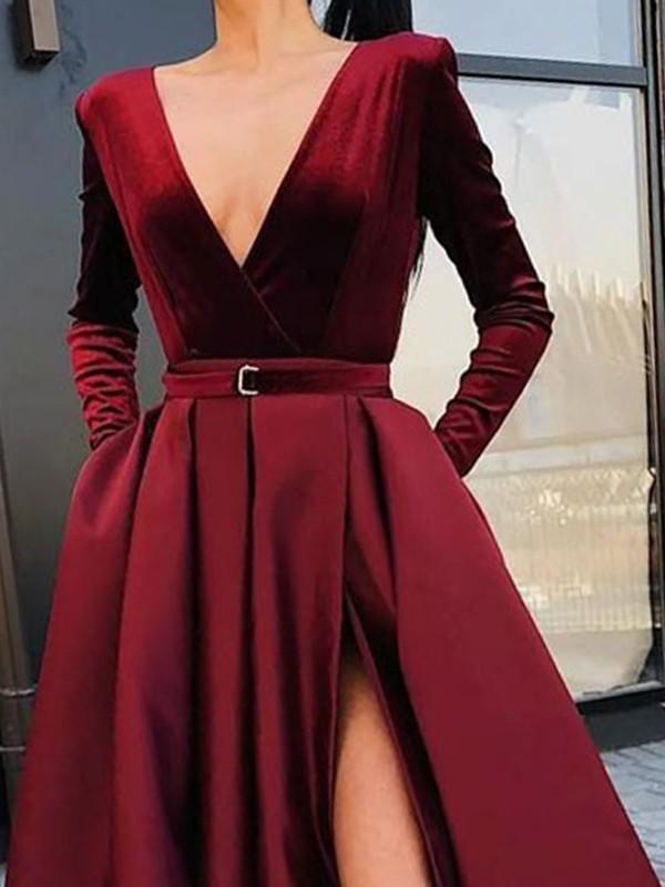 Seindeal Red Pleated Pockets Deep V-Neck Long Sleeve Slit Elegant Maxi Dress Party Dress Evening Dress