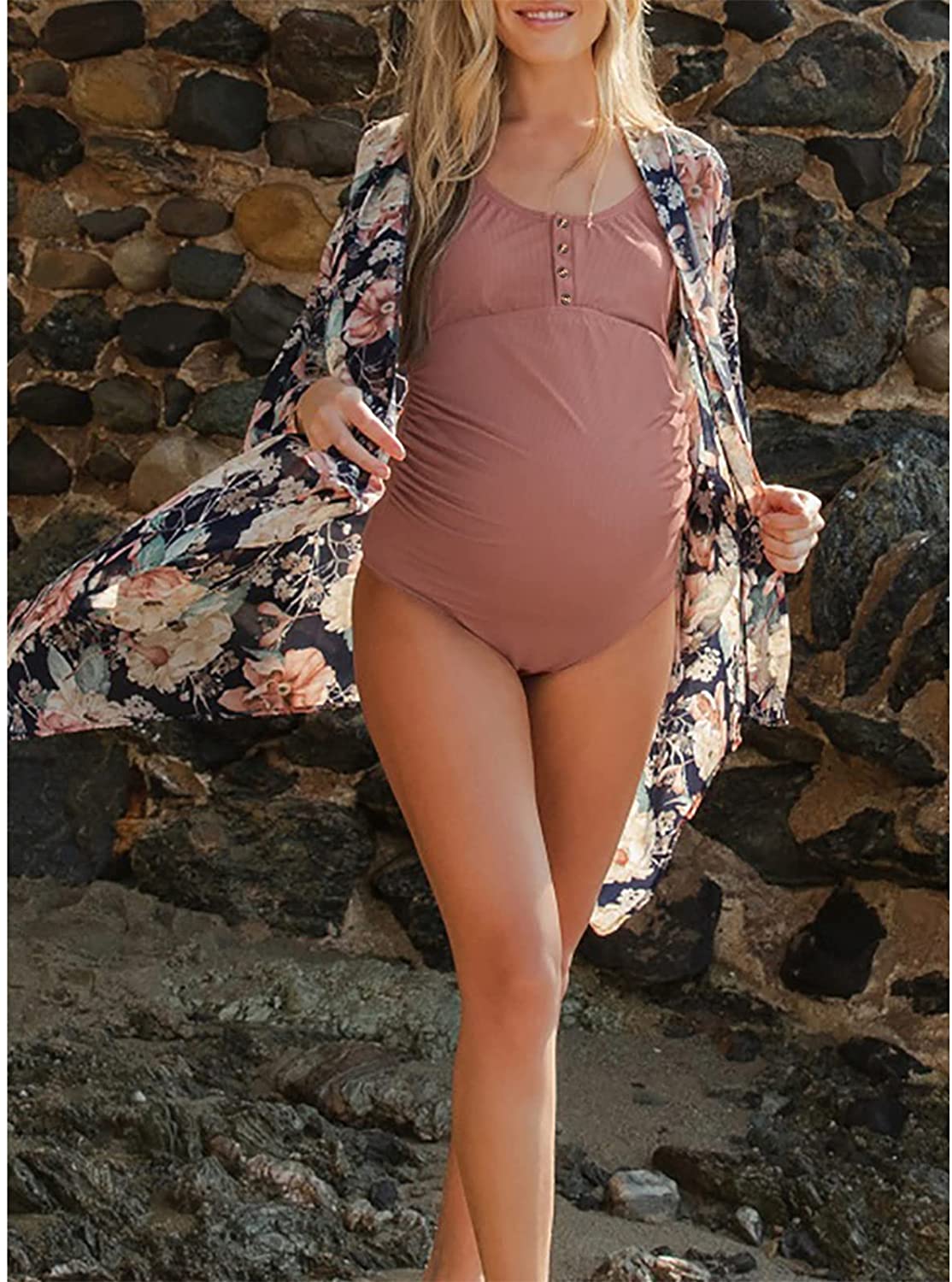 Summer Women Maternity Swimsuit One Piece Bathing Suit Button Neck Cross Back Swimwear