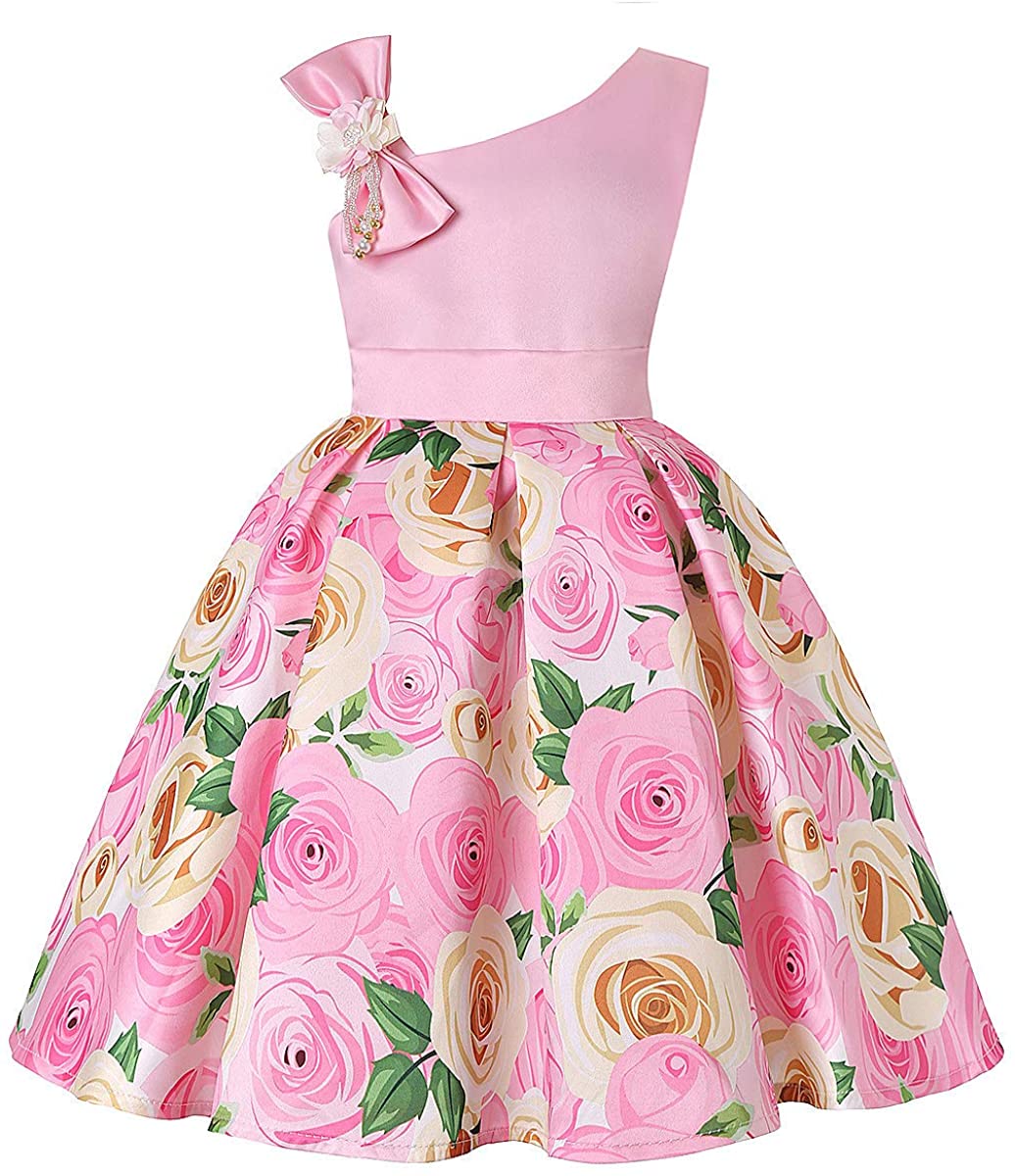 Girls Flower Dresses One Shoulder with Bowknot Princess Gown for Wedding Birthday Party 2-10Years