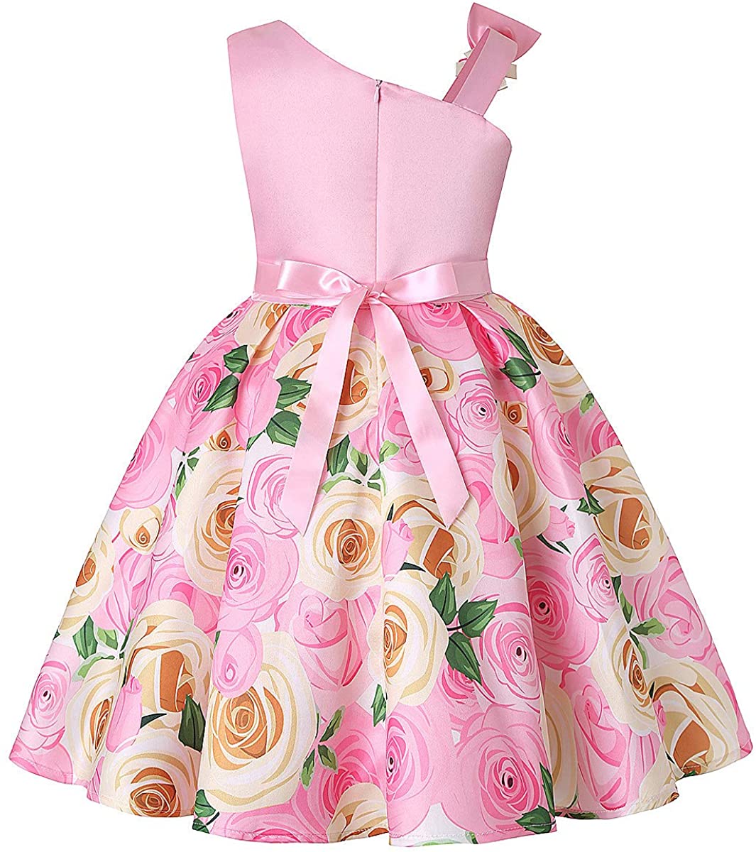 Girls Flower Dresses One Shoulder with Bowknot Princess Gown for Wedding Birthday Party 2-10Years