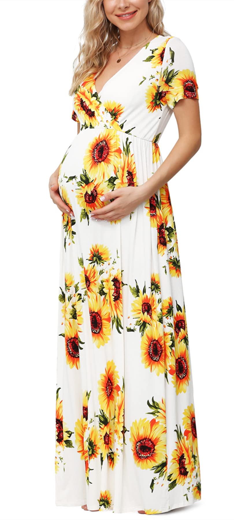 Seindeal Draped V-neck Short Sleeve Elegant Maxi Maternity Dress