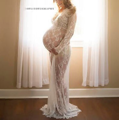 Seindeal Lace Long Sleeve Sheer Cover Up Plus Size Maxi Maternity Photoshoot Dress WhiteHalloween