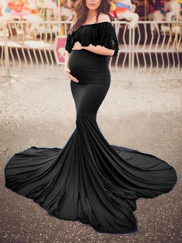 Patchwork Lace Ruffle Off Shoulder Mermaid Bodycon Maternity Dress