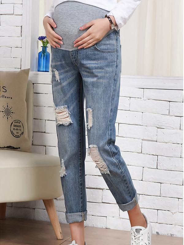 Momnfangcy Pockets Buttons Ripped Destroyed Casual Maternity Long Jeans