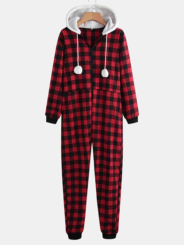 Buffalo Plaid Pockets Zipper Hoodie Long Sleeve Maternity Pajama Set