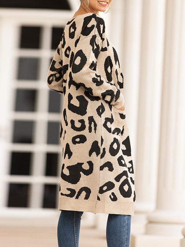 Leopard Pockets Long Sleeve Oversized Sweater Cardigan Coat