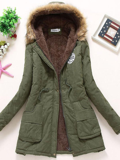 Fur Hooded Badge Pockets Long Sleeve Maternity Fluffy Coat