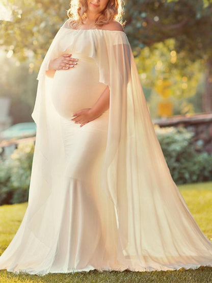 Ruffle Off Shoulder Photoshoot Cape Maternity Maxi Dress