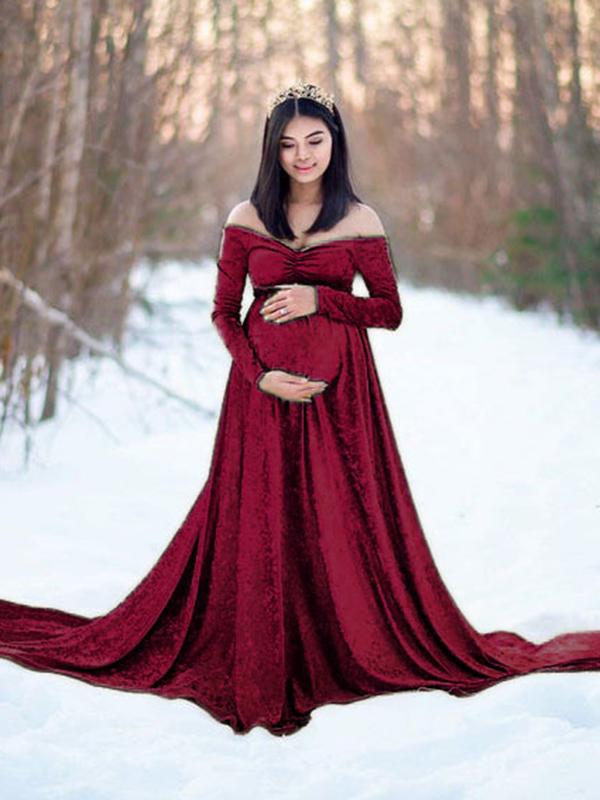 Off Shoulder Velvet  Long Sleeve Baby Shower Maternity Maxi Dress