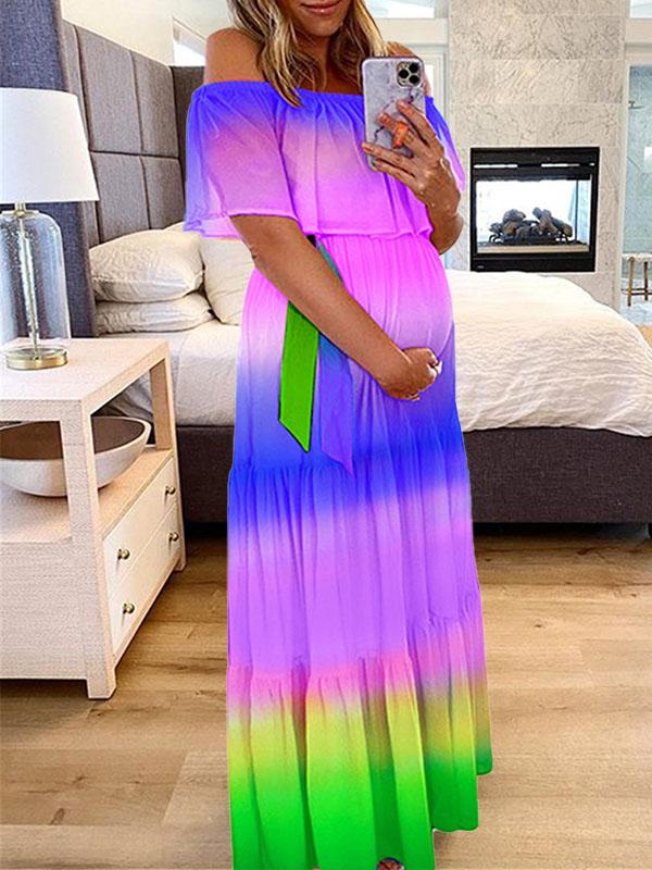 Seindeal Plus Size Rainbow Maxi Maternity Dress Belt Photoshot Off Shoulder Short Sleeve