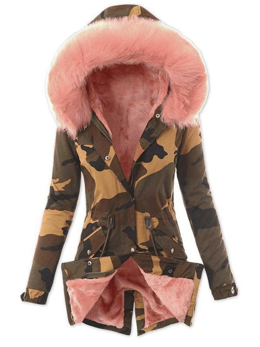 Camouflage Drawstring Hoodie Long Sleeve Fashion Maternity Fatigue Fur Coat