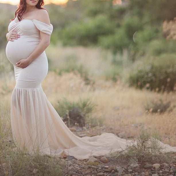 Seindeal Flowy Chiffon Draped Off-shoulder Baby Shower Red Maternity Dresses for Photoshoot