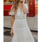 Seindeal White Maternity Baby Shower Dresses V-neck Short Sleeve Maxi Lace Wedding Guest Dress