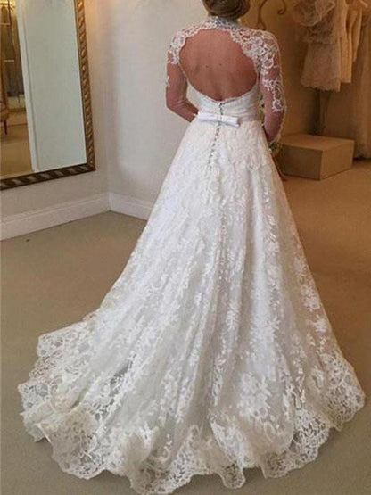 Solid Color Lace Backless Long Sleeve Maxi Dresses Women Fashion Wedding Dress